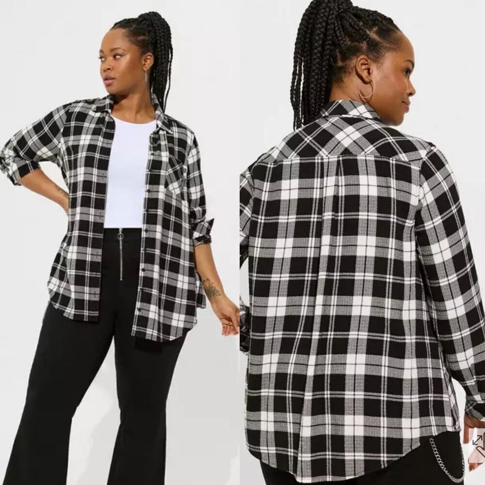 Torrid Black White Plaid Long Sleeve Button Front Shirt 3X